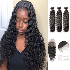 Nulala Hair 10A Brazilian Deep Wave Curly 3 Bundles With Lace Closure